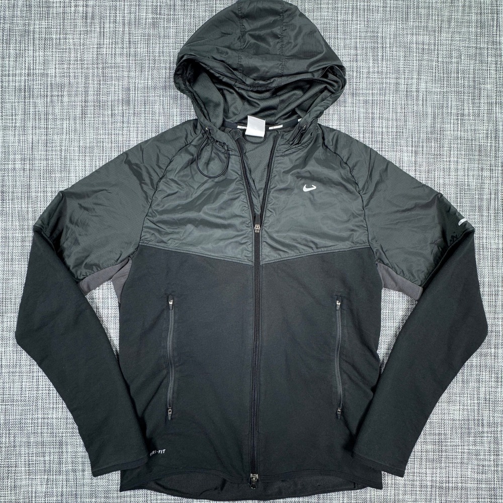 Nike Mens Running Dri-FIT Hybrid Full Zip Hooded Jacket Black Grey 453473-060 M
